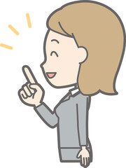 Illustration of a young woman in suit wearing her side pointing at her finger