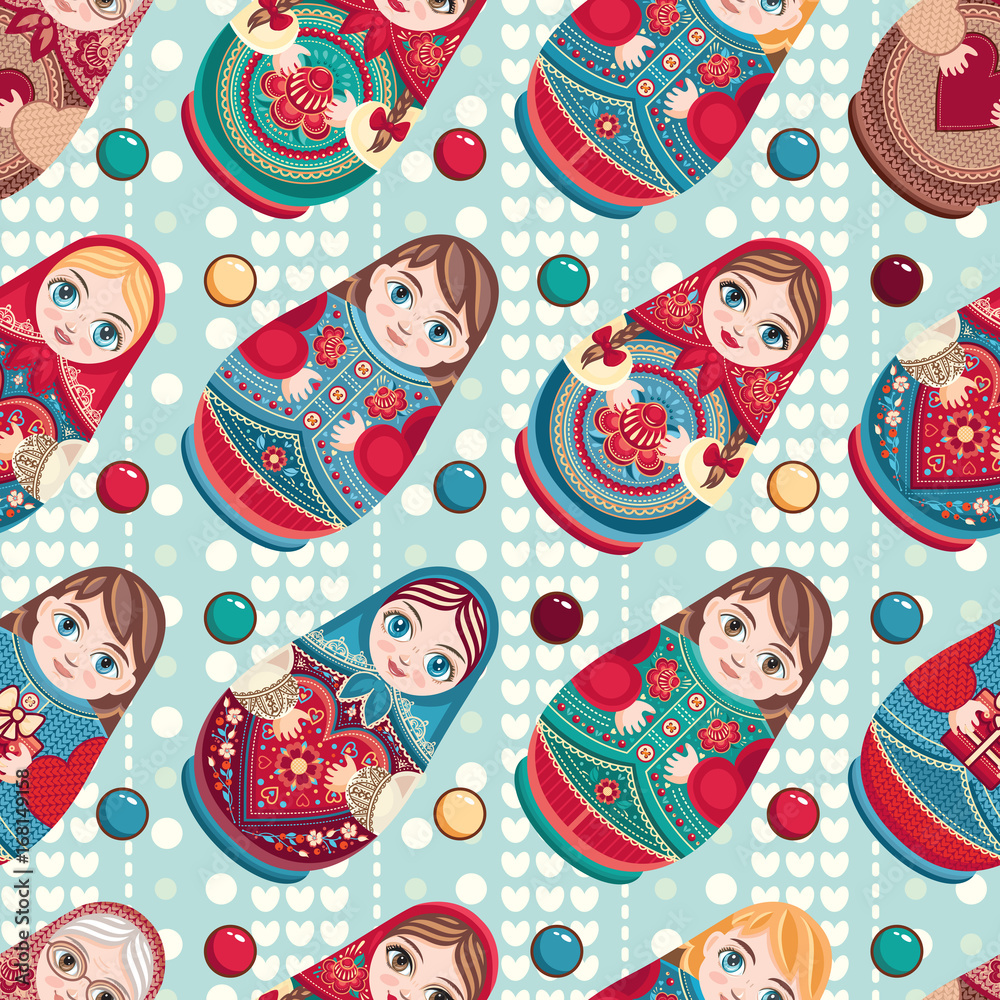 Wall mural Russian souvenir. Matryoshka - babushka doll. Seamless pattern. Vector