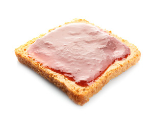 Bread slice with creamy peanut butter and jam on white background
