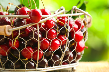Basket with fresh ripe cherry outdoors, closeup