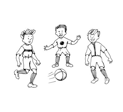 Funny hand drawn cartoon doodle kids playing soccer. Simple black and white image. Line art. Happy sportive boys running.