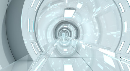 Bright futuristic spaceship corridor 3D rendering © sdecoret