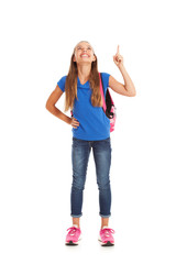 School: Cute Girl Student Points Upwards