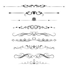 Set of decorative swirls elements, dividers, page decors. Hand drawn vector ornaments with arrow
