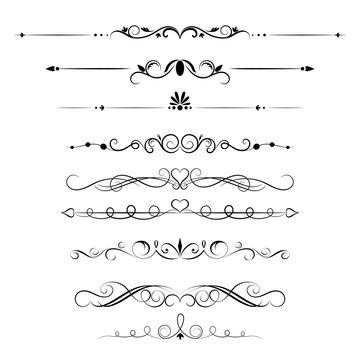 Set of decorative swirls elements, dividers, page decors. Hand drawn vector ornaments with arrow