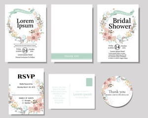 Set of Colorful Flowers Wreath with Mint Ribbon Wedding Invitation Card . Spring Collection. Can be used for save the date,Bridal Shower ,Baby Shower, Birthday card, Etc.Vector/Illustration