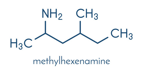 Methylhexanamine (dimethylamylamine, DMAA) stimulant molecule. Skeletal formula.