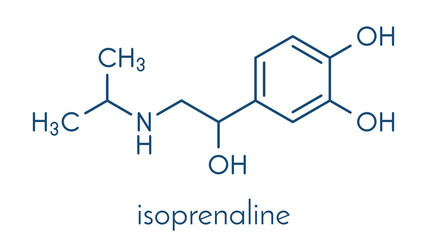 Isoprenaline (isoproterenol) drug molecule. Used in treatment of bradycardia, heart block and asthma. Skeletal formula.