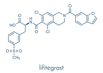 Fototapeta premium Lifitegrast drug molecule. Used in the treatment of keratoconjunctivitis sicca. Skeletal formula.