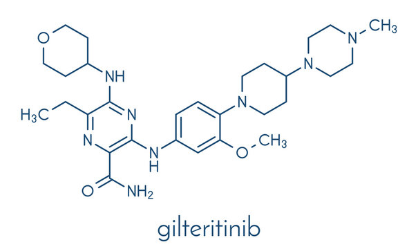 Gilteritinib cancer drug molecule (kinase inhibitor). Skeletal formula.