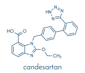 Candesartan hypertension drug molecule. Skeletal formula.