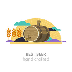 Beer keg. The best beer.Wheat field, sun, clouds. Environmentally friendly products. Vector illustration in flat style.