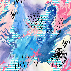 Abstract summer beach seamless pattern. Watercolor underwater ocean wildlife background with shabby corals, seahorse, grunge texture, splatter, dry rough brush strokes. Hand drawn art illustration © Tanya Syrytsyna