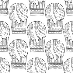 Ice cream, dessert. Black and white illustration for coloring book, pages. Seamless decorative pattern for design.