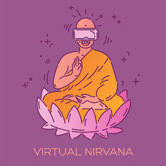 Virtual reality concept. Monk in VR glasses. Vector illustration in cartoon style
