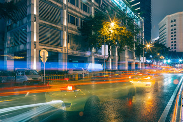 traffic light trails at night in Chongqing, China.