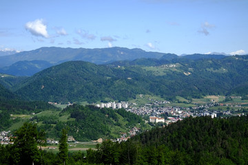 View of old medieval town of Skofja Loka from surrounding hills.