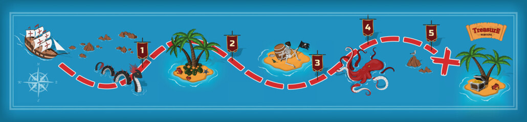 Pirate game in cartoon style. Seascape with a path image. Mobile interface with island and monsters: sea serpent, kraken. Vector illustration
