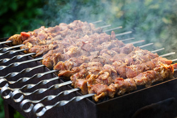 meat on skewers fried in the forest