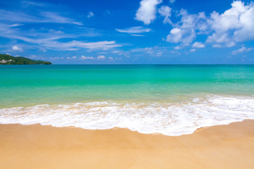 Fototapeta na wymiar Tropical beach, Great blue sky and calm Andaman sea on Nai Yang beach in Phuket Thailand