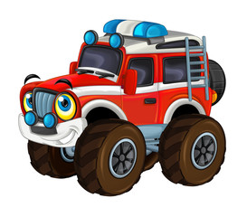 cartoon funny off road fire fighter truck looking like monster truck isolated