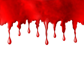 Flowing drops of red blood or dye on white background