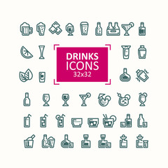 Set of vector illustrations of icons of drinks. Simple signs of alcoholic and refreshing drinks in bottles and glasses, isolated on white