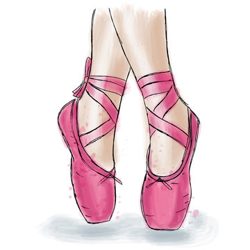 Pink ballerina shoes. Ballet pointe shoes with ribbon.