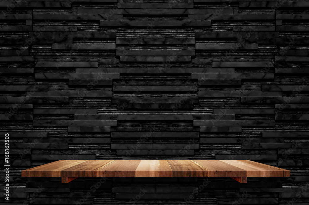 Poster empty brown plank wood shelf at black layer marble tile wall background,mock up for display or monta