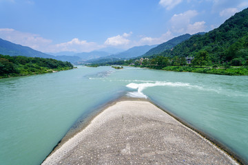 Water-diversion levee of Dujiangyan , also called  fish's mouth. It's an ancient irrigation system in Dujiangyan City, Sichuan province of China.