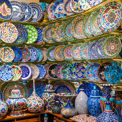 Turkish ceramics on sale at the Grand Bazaar in Istanbul, Turkey. Traditional Turkish ceramics