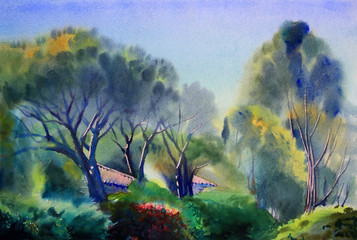 Watercolor painting country landscape
