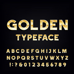 Golden Alphabet Vector Font. Metallic effect shiny letters and numbers on a dark background. Stock vector typography for your design.