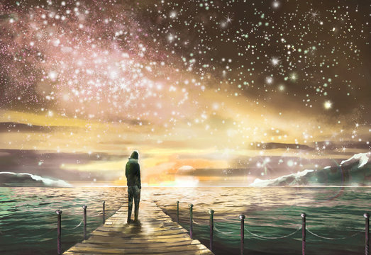 Fantastic illustration with MilkyWay, stars. Man is standing on pier on the sea and looking a space landscape. Painting.