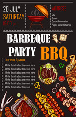Vector illustration of a bbq menu template, invitation card on a barbecue, gift certificate, a picnic ticket on a black background