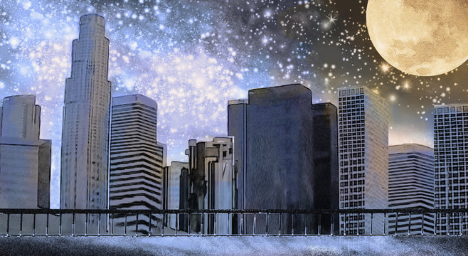 Fantasy illustration with Milky Way, stars. View of city space landscape. Painting New York. Skyscrapers, sky and moon