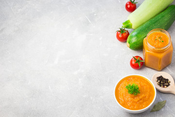 Vegetable caviar or marrow spread on stone background. Top view.