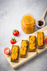 Squash spread  on toasted bread. Healthy appetizer.