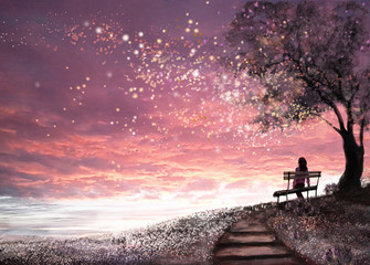 Fantasy illustration with beautiful sky, stars.  girl is sitting on a bench under an tree and looking at the sunset, cute  landscape. Painting. floral meadow and stairs