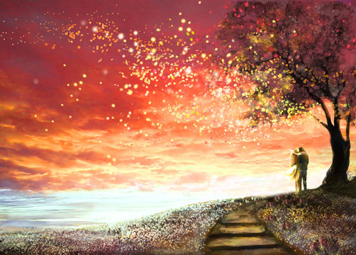 Fantasy illustration with beautiful sky, stars.  woman and man under an tree looking at the sunset, cute  landscape. Painting. floral meadow and stairs