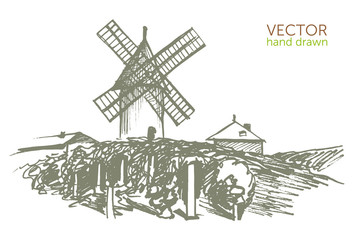 Landscape with a windmill, vintage pattern, Beaujolais nouveau © llota