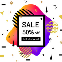 Vector sale poster, banner template of Hot discount. Fluid colors, memphis backgrounds.