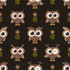 Seamless pattern with brown cute owls and flowers