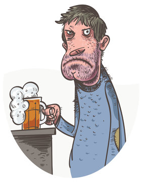 Unhappy Man Drinking Beer. Vector illustration