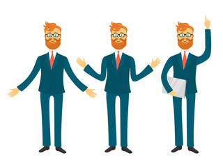 Businessman cartoon character in different poses for business presentation vector set. Successful man shows and tells illustration