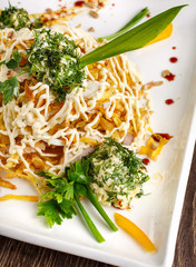 salad with chicken potato chips,green and cheese pains