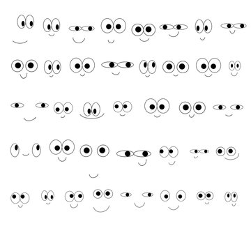 Set of cute cartoon smiling emoticons. Eyes and mouths. Isolated on white background.