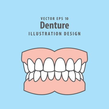 Denture Illustration Vector On Blue Background. Dental Concept.