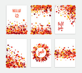 Autumn sale vector creative six greeting card set of scattered maple leaves in traditional Fall colors - orange, yellow, red, brown. All isolated and layered