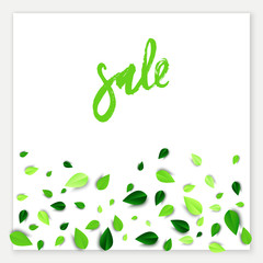 Sale vector creative banner with green scattered 3d leaves. Summer design. All isolated and layered